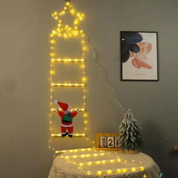 2M Warm Light Outdoor Christmas Decoration Climbing Santa Claus on Ladder Window Hanging Lights Solar Power