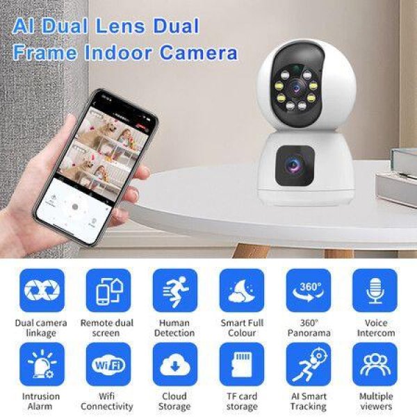 2MP X 2 Dual Lens Indoor Security Camera,WiFi Wireless Security Camera,for Home Security Camera,Motion Tracking, Night Vision,2-Way Audio with Phone App