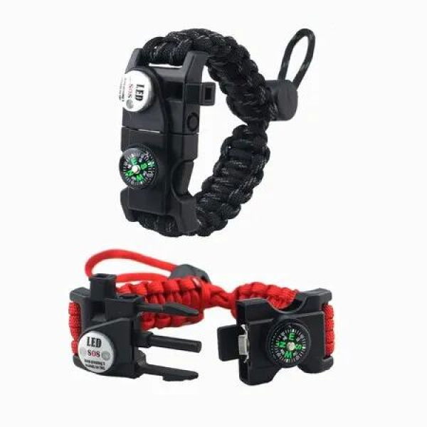 2p Paracord Survival Bracelet Survival Kit Practical Fire Starter Waterproof SOS Light Compass Whistle Adjustable Outdoor Ultimate Tactical Gift for Teens