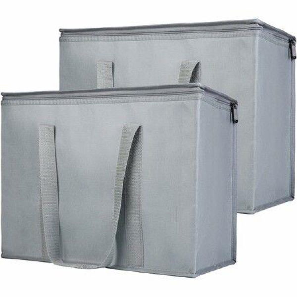 2Pack Grey Insulated Reusable Grocery Shopping Bags X-Large Picnic Cooler Bag Zipper Top Cold