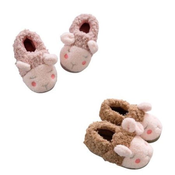 2 Pairs 17cm Fuzzy Socks Slippers Thickened Indoor Cotton Shoes Wool Anti-Slip Warm Kids For 1-8 Years Col. Pink+Brown.