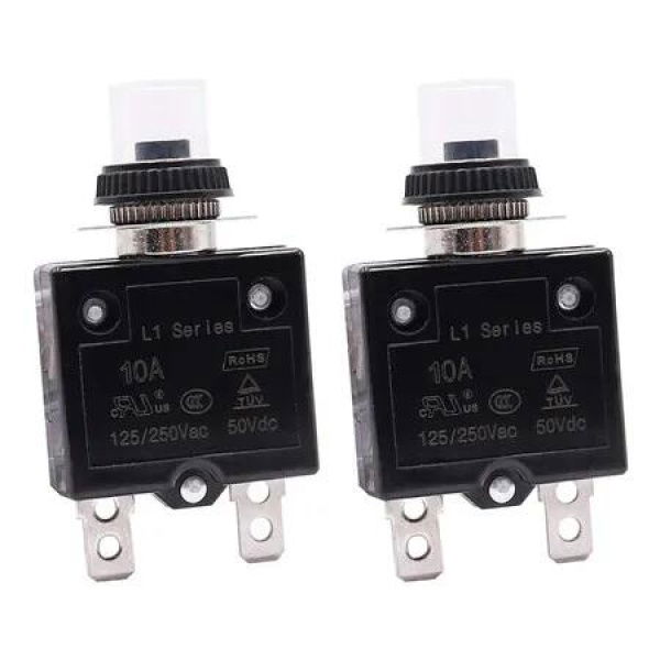 2Pcs 10Amp Circuit Breakers Push Button Manual Reset 125 to 250V AC 50V DC, L1 Series Overload Protector Switch Thermal Circuit Breakers with Waterproof Button Caps L1-cj-10A