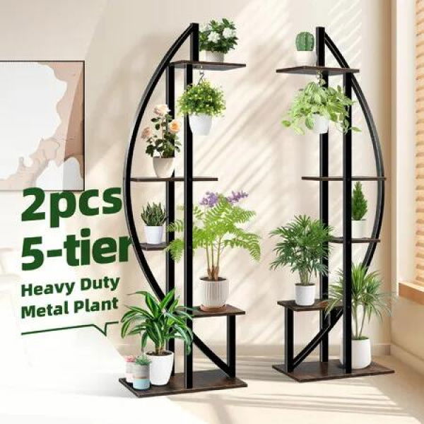 2Pcs 5 Tiered Plant Stand Shelf Metal Half Moon Style Flower Pot Holder Indoor Outdoor Corner Shelves Garden Herb Large Storage Rack Black Brown