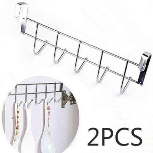 2PCS Bathroom Kitchen Hat Towel Stainless Steel Hanger Over Door Hanging Rack Holder Five Hooks