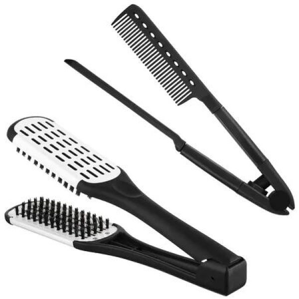 2pcs Boar Bristle Brushes Double-Sided Brush and Flat Iron Comb for Straightening Knotty and Dry Hair Color Black And White