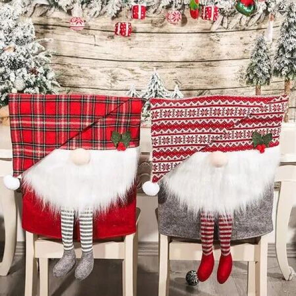 2Pcs Christmas Chair Covers Slipcovers 3D Swedish Santa Gnome Hat Christmas Chair Back Cover Xmas Home Kitchen Festival Party Decor