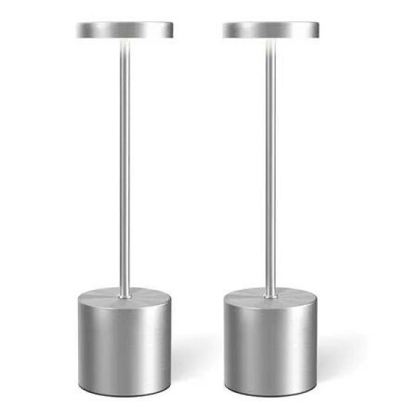 2Pcs Cordless Table Lamps, Rechargeable 1200mAh Battery Powered Outdoor Table Lamps for Restaurant, Patio, Bedroom, Bedside Night Lamp, Silver