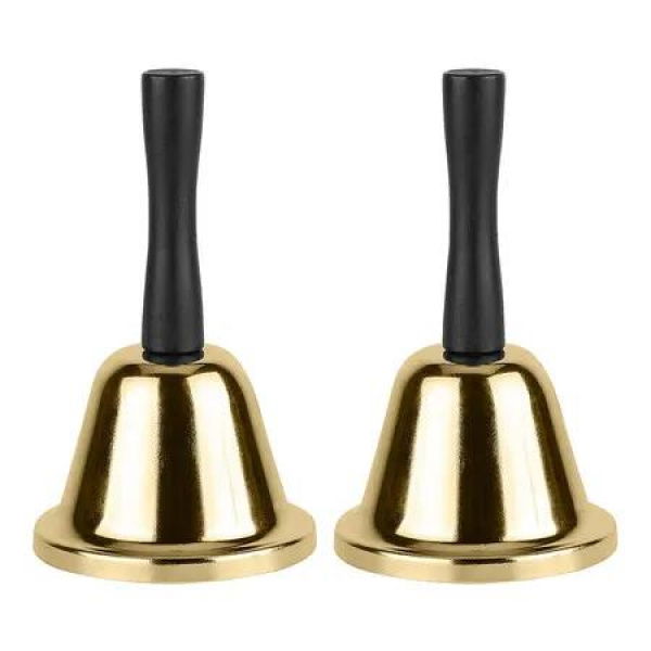 2Pcs Gold Hand Bell, Steel Call Bell for Wedding, Men, Women, Dinner Bells for Food Line, Classroom Bells for Inside, Alarm, Jingles, Ringing, Golden
