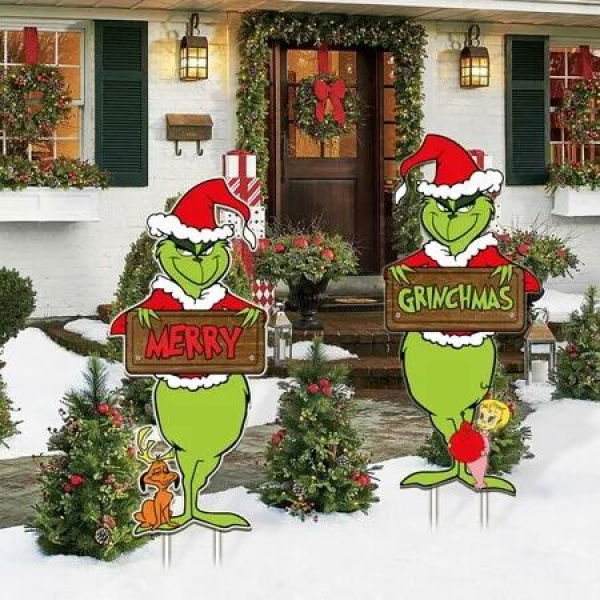 2pcs Grinch Christmas Yard Decorations with Stakes Waterproof Outdoor Christmas Party Decor Holiday 2D Printed Flat Stakes