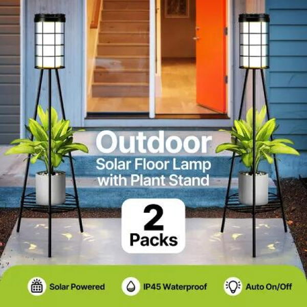 2pcs Outdoor Solar Light with Plant Stand Energy Powered Flood Lamp Pole Floodlight Post Flower Pot Shelf Holder USB Charging for Garden Path Driveway