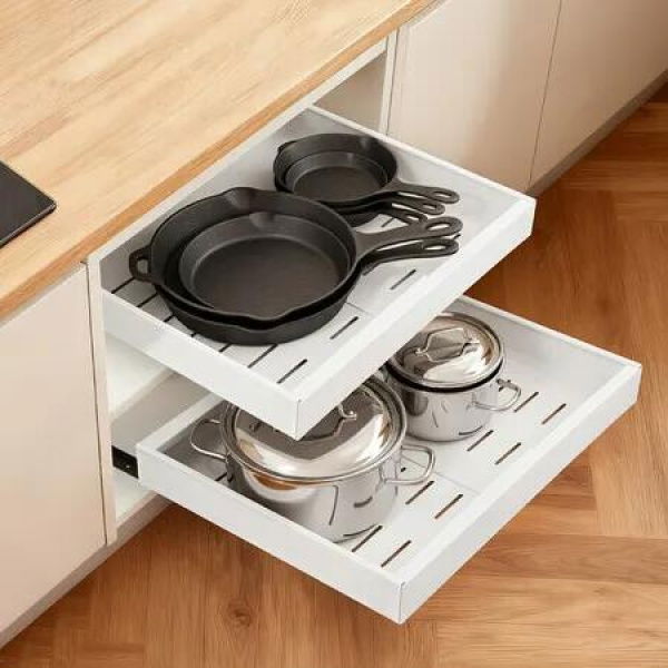 2PCS Pull Out Cabinets Dish Drawer Storage Rack 42cm Deep Kitchen Base Pantry Cupboard Pullouts Shelves Slide Rails Organiser Expandable Width 31-52cm