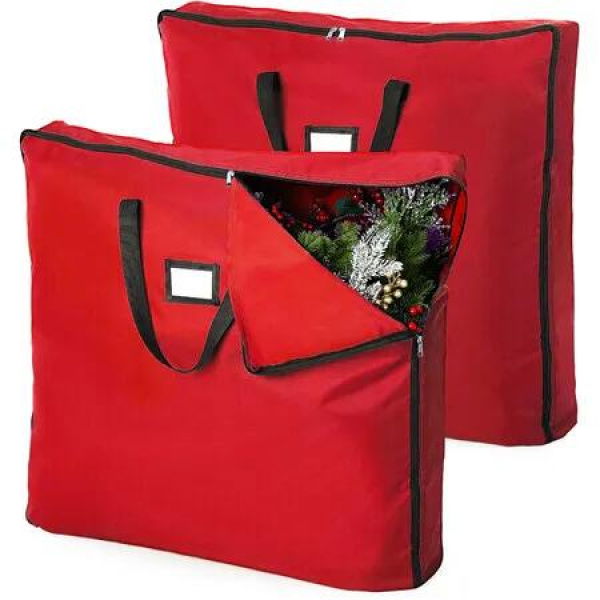 2PCS Red Square 76x76x11cm Christmas Wreath Storage Bag 600D Oxford Fits 30inch Wreaths & Ornaments