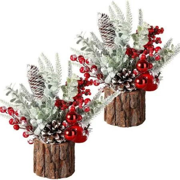 2Pcs Small Christmas Tree with Christmas Ornaments Pine Cone Berry, Tabletop Artificial Christmas Tree for Christmas Decorations Home Room Party