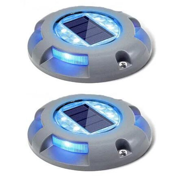 2Pcs Solar Deck Lights Driveway Dock LED Light Solar Powered Outdoor Waterproof Road Markers for Pathway Step Stair Garden, Blue