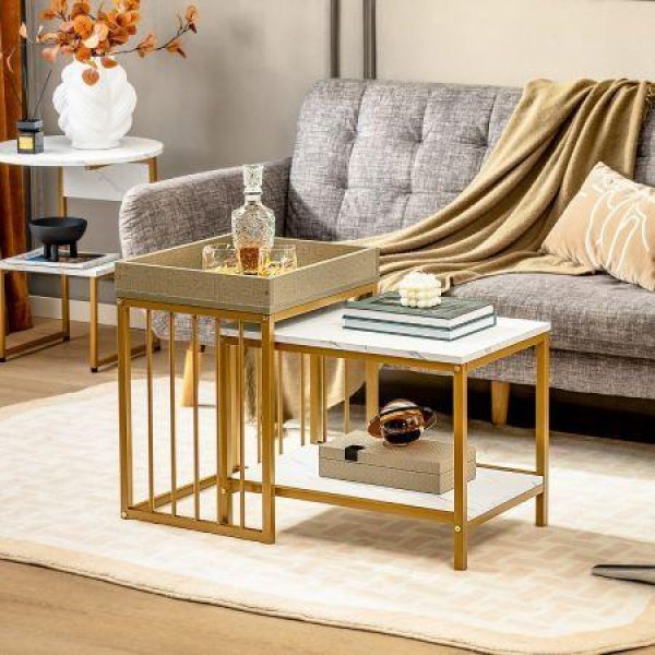 2 PCS Space-saving Sofa Side Table Set With Faux Marble & Linen-like Top For Living Room.