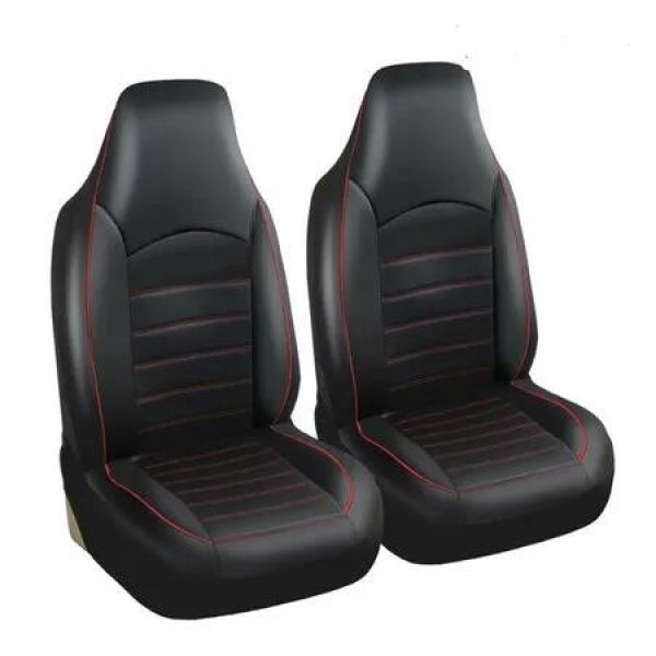 2PCs Universal Classic PU Leather Car Seat Covers/High Back Bucket Seat Protector for Most Vehicles, Complete Set with Red Trim