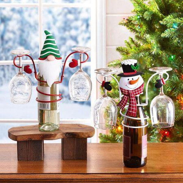 2PCS Wine Bottle And Glass Holder Snowman Santa Claus Ornaments Decor For Stemware Racks Kitchen Bar Table Christmas Decorations Shape Random