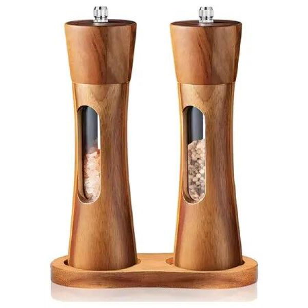 2Pcs Wooden Salt and Pepper Grinder Set, 8 inch Manual Salt and Pepper Mill with Adjustable Coarseness, Refillable Pepper Grinder for Kitchen