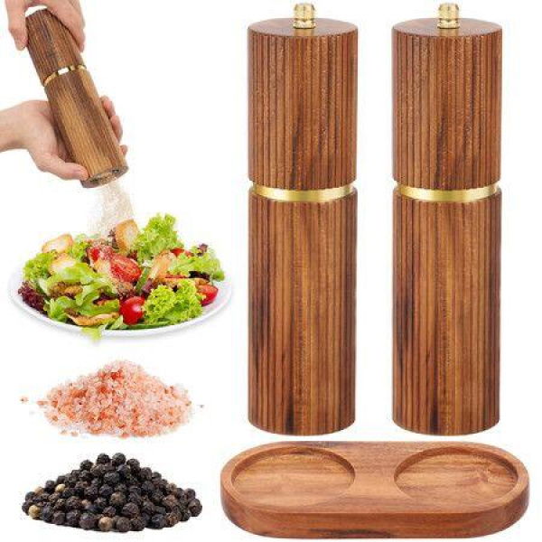 2Pcs Wooden Salt And Pepper Grinder Set With Tray Ceramic Grinding Core Pepper Mill Manual With Adjustable Coarseness For Cumin Salt And Pepper