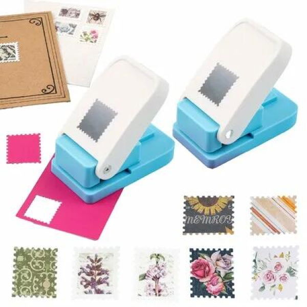 2Pcs/Set 1 X 0.8inch Rectangular Postage Stamp Punch,Scalloped Rectangle Lever Action Craft Punch for Paper Crafting Scrapbooking