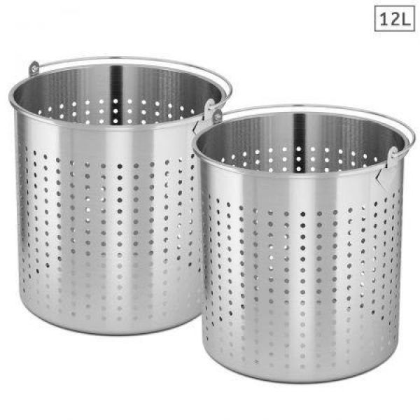 2x 12L 18/10 Stainless Steel Perforated Stockpot Basket Pasta Strainer With Handle.