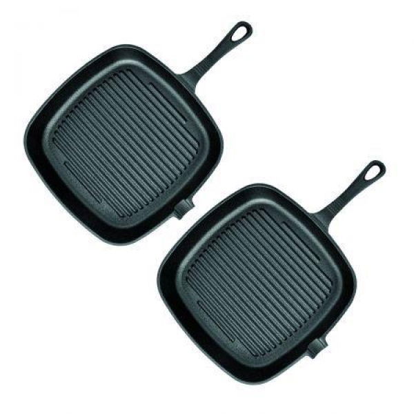 2x 23.5 Cm Square Ribbed Cast Iron Frying Pan Skillet Steak Sizzle Platter With Handle.