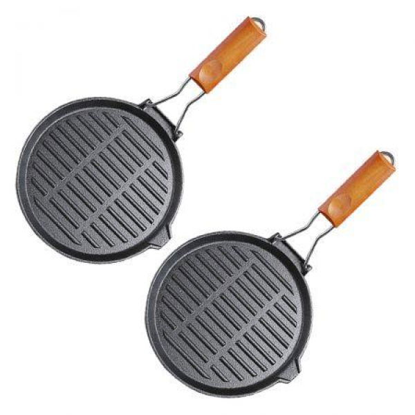 2X 24cm Round Ribbed Cast Iron Steak Frying Grill Skillet Pan With Folding Wooden Handle