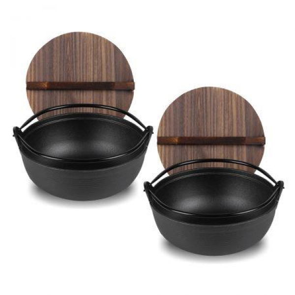 2X 25cm Cast Iron Japanese Style Sukiyaki Tetsu Nabe Shabu Hot Pot With Wooden Lid