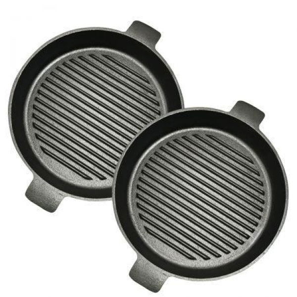 2X 25cm Round Ribbed Cast Iron Frying Pan Skillet Steak Sizzle Platter With Handle