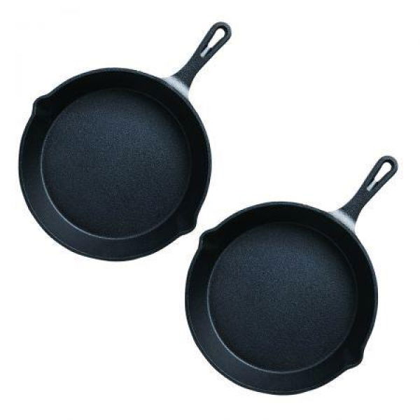 2X 26cm Round Cast Iron Frying Pan Skillet Steak Sizzle Platter With Handle