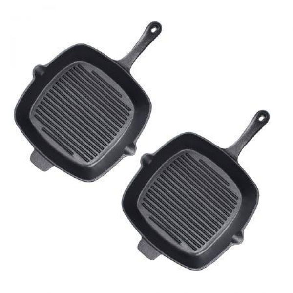 2X 26cm Square Ribbed Cast Iron Frying Pan Skillet Steak Sizzle Platter With Handle