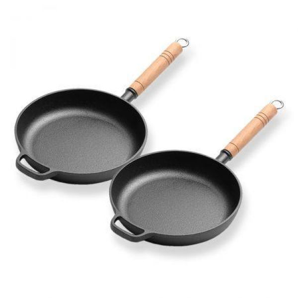 2X 27cm Round Cast Iron Frying Pan Skillet Steak Sizzle Platter With Helper Handle