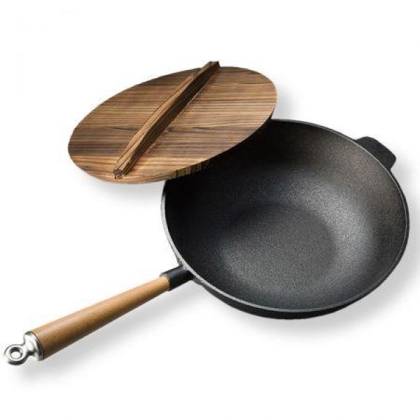 2X 31cm Commercial Cast Iron Wok FryPan Fry Pan With Wooden Lid