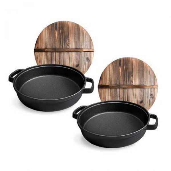 2X 31cm Round Cast Iron Pre-seasoned Deep Baking Pizza Frying Pan Skillet With Wooden Lid