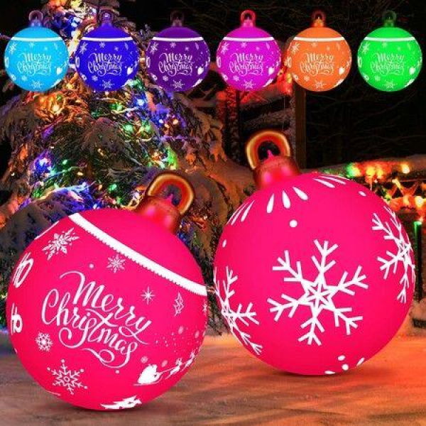 2x 60cm PVC Christmas Lighted Decorated Ball Giant Inflatable Christmas Ball Large Xmas Blow Ball Decorations for Outside Holiday Yard Lawn Porch Decor