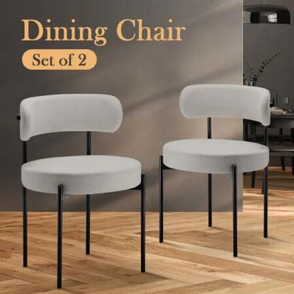 2x Boucle Dining Chairs Round Sherpa Upholstered Fabric Lounge Accent Seats for Cafe Kitchen Living Room with Backrest