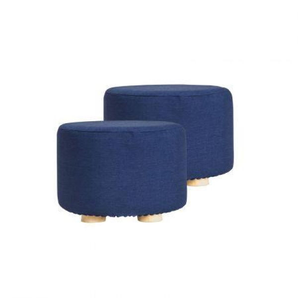 2X Fabric Ottoman Round Wooden Leg Foot Stool - DARK Blue