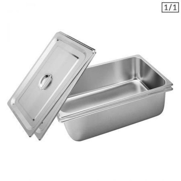 2x Gastronorm GN Pan Full Size 1/1 GN Pan 20cm Deep Stainless Steel Tray With Lid.