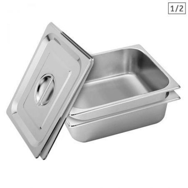 2x Gastronorm GN Pan Full Size 1/2 GN Pan 10cm Deep Stainless Steel Tray With Lid.