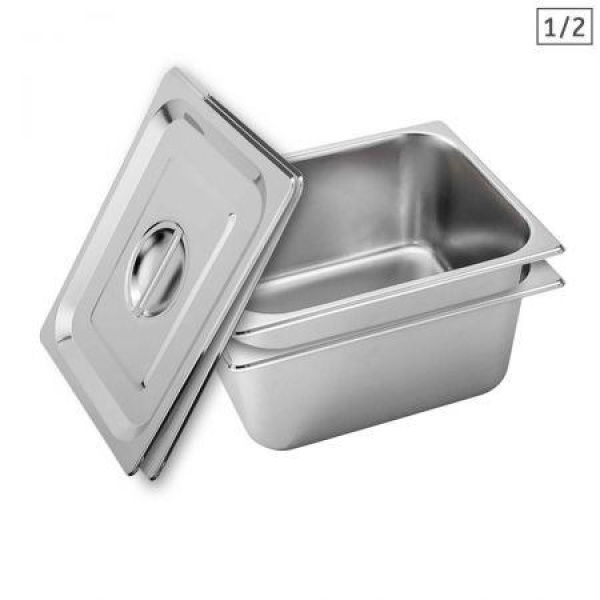 2x Gastronorm GN Pan Full Size 1/2 GN Pan 15cm Deep Stainless Steel With Lid.