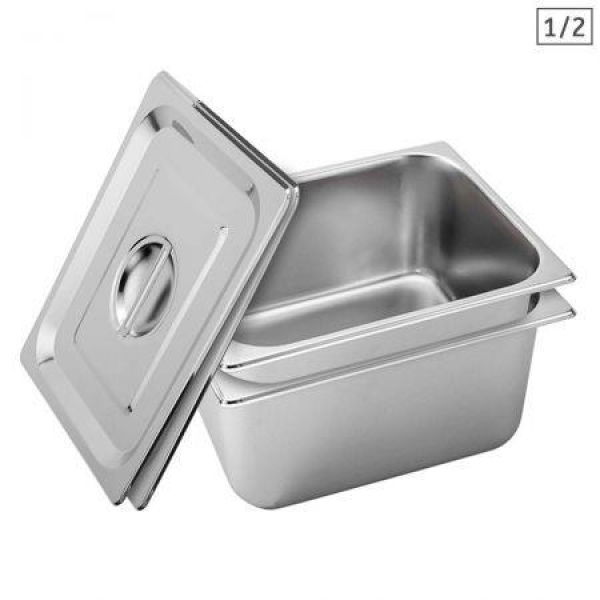 2x Gastronorm GN Pan Full Size 1/2 GN Pan 20cm Deep Stainless Steel Tray With Lid.