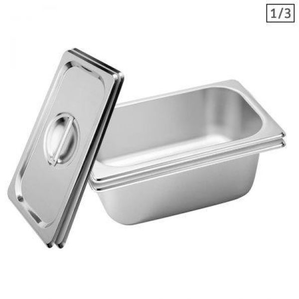 2x Gastronorm GN Pan Full Size 1/3 GN Pan 10cm Deep Stainless Steel Tray With Lid.