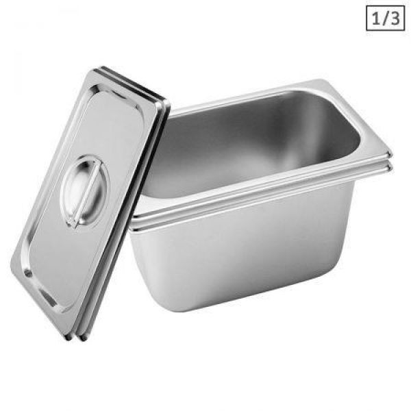 2x Gastronorm GN Pan Full Size 1/3 GN Pan 15cm Deep Stainless Steel Tray With Lid.