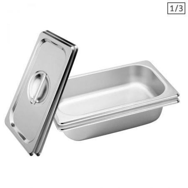 2x Gastronorm GN Pan Full Size 1/3 GN Pan 6.5cm Deep Stainless Steel Tray With Lid.