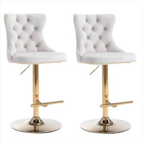 2x Height Adjustable Swivel Bar Stool Velvet Studs Barstool with Footrest and Golden Base- Beige