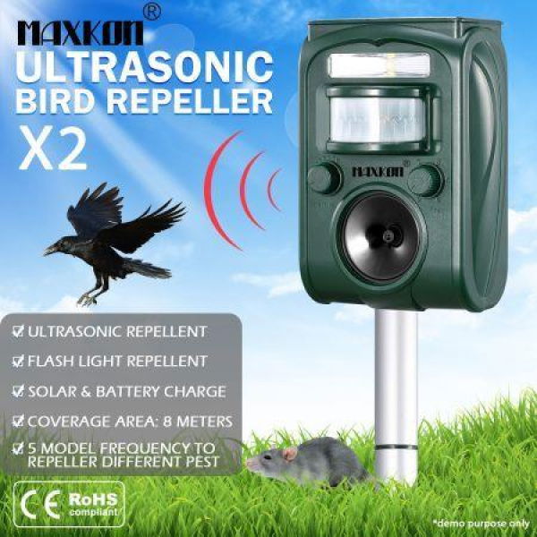 2x Ultrasonic Bird Animal Repellent Solar Powered Pest Repeller With LED Indicator.