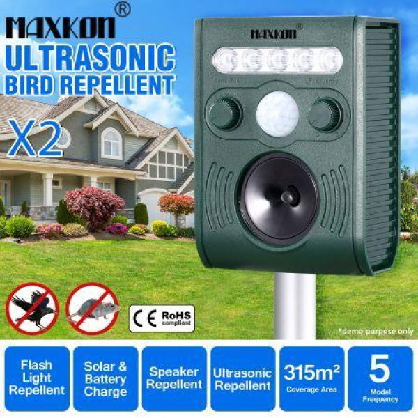 2x Ultrasonic Bird Animal Repeller Solar Powered Repellent