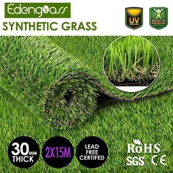 2x15m Artificial Grass Synthetic Turf Fake Imitation False Faux Green Lawn Roll 32mm Child Pet Friendly for Backyard Balcony Garden Patio