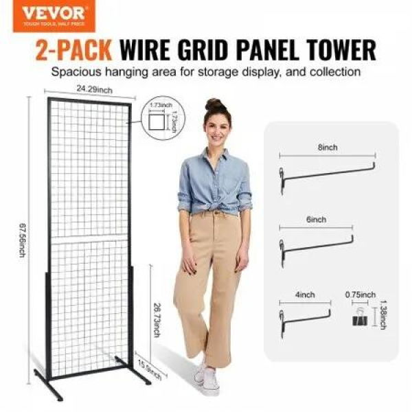 2'x5.6' Grid Wall Panels Tower 2 Packs Wire Gridwall Display Racks with T-Base Floorstanding Double Side Gridwall Panels for Art Craft Shows Retail Display