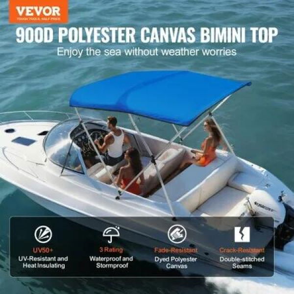 3 Bow Bimini Top Boat Cover, 900D Polyester Canopy with 1 Aluminum Alloy Frame, Waterproof and Sun Shade, Includes Storage Boot, 2 Support Poles, 4 Straps, 182.88'L x 116.84H x 170.18-182.88